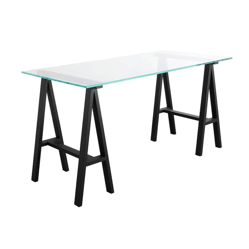 Rani 55 Inch Office Desk, Tempered Glass Top, Modern Black Steel Frame