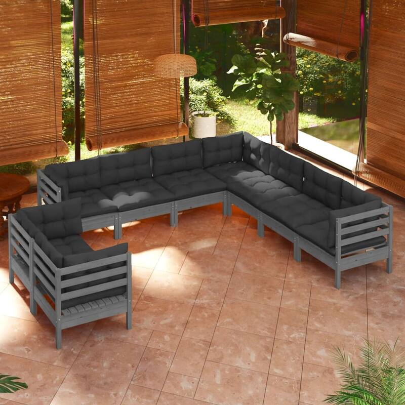 vidaXL Solid Pinewood Patio Lounge Set 10 Piece with Cushions Multi Colors - Grey