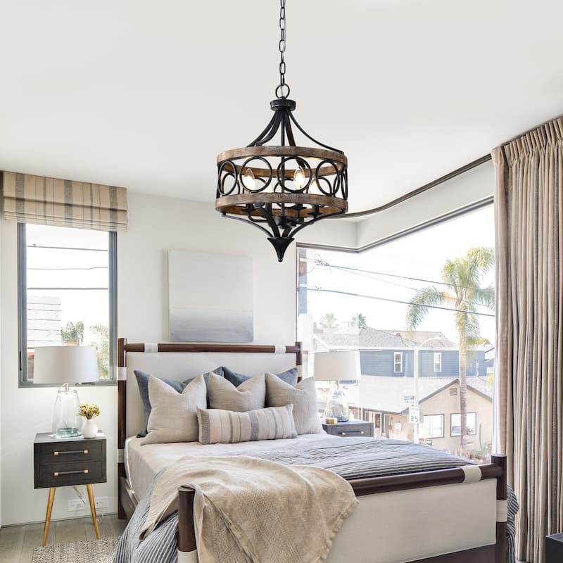 Cusp Barn 4-Light Farmhouse Drum Wood Chandelier, 16'' Rustic Pendant Light, Round Metal Hanging Light Fixture for Dining Room