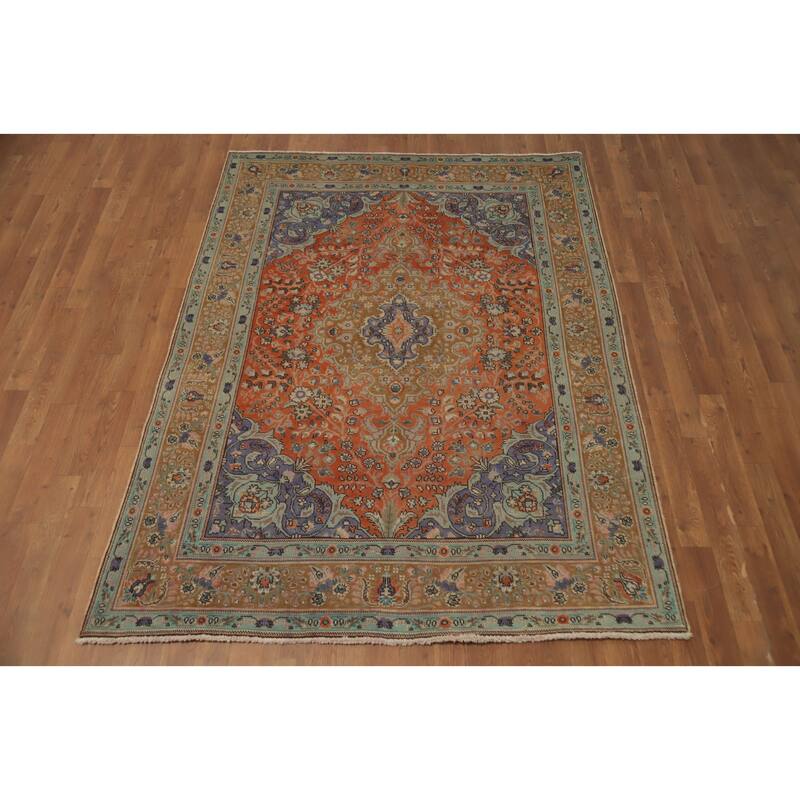 Hand Knotted Oriental 100% Wool Carpet Traditional Floral Oranges & Rust Tabriz Area Rug - 6' 6'' X 4' 11''