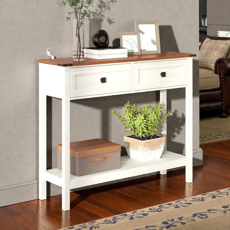 Farmhouse Console Table with 2 Drawers and Bottom Shelf, Rustic Entryway Table for Living Room and Hallway Storage
