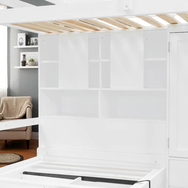 Twin Bunk Bed with Drawers, Wardrobe, Shelves and Hydraulic Lift Storage, Space Saving Bed for Kids Teens