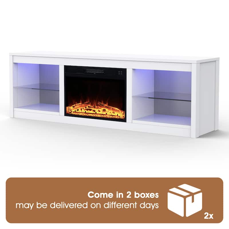 66" White Modern Electric Fireplace TV Stands Console for 75-inch TV with Remote - 66 in console width