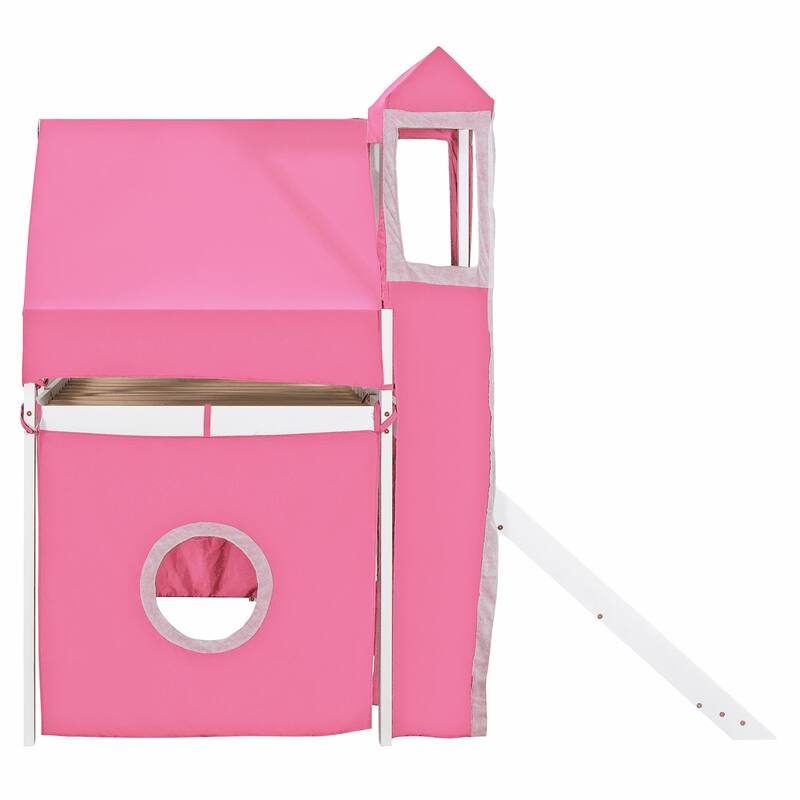 Twin Size Loft Bed with Tent and Tower - Pink