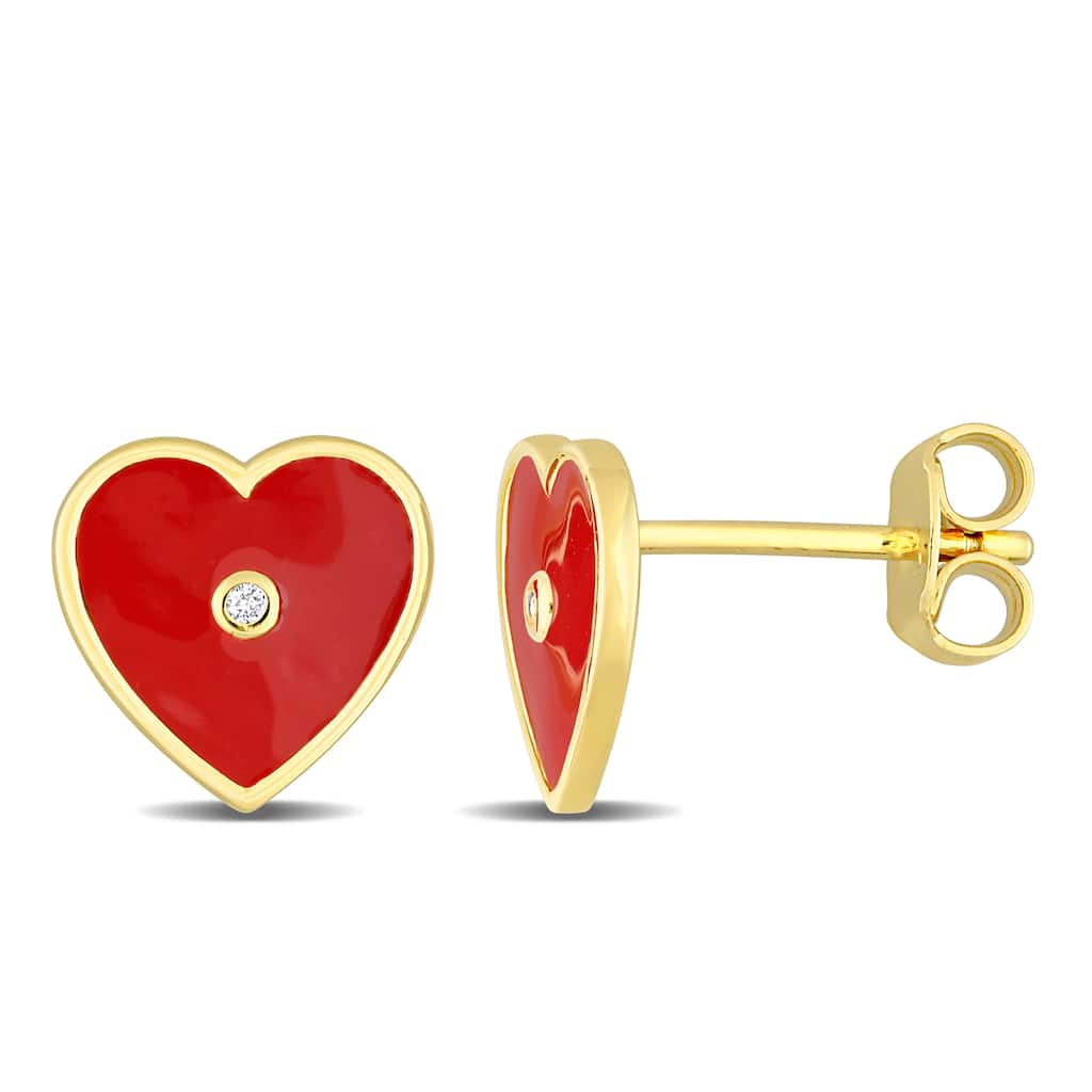 Miadora Created White Sapphire Heart Enamel Stud Earrings in Yellow Plated Sterling Silver