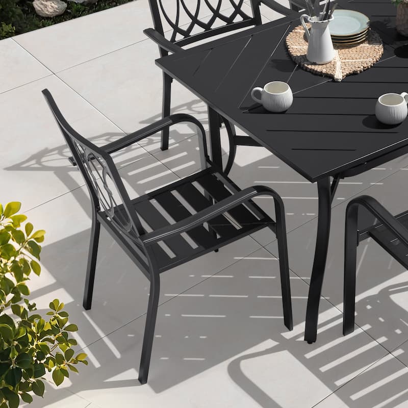 7PCS Metal Rectangle Patio Dining Set with Umbrella Hole, Stackable Design