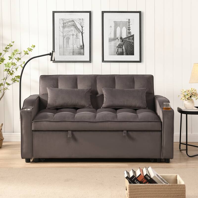 3 in 1 Velvet Convertible Sofa Bed with Pillows and Pockets