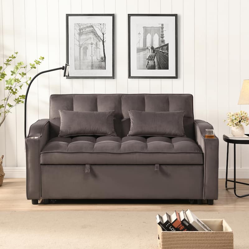 Charcoal Grey Modern Velvet 3 in 1 Convertible Sleeper Loveseat Futon Sofa with Adjustable Reclining Backrest and Toss Pillows