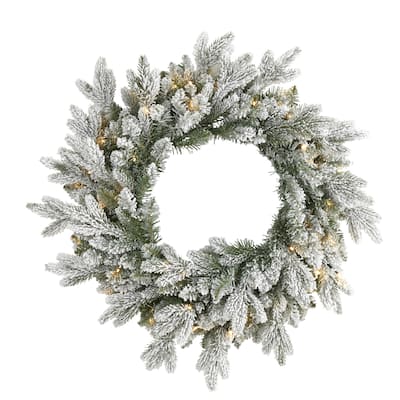 24" Flocked Christmas Wreath with 50 LED Lights