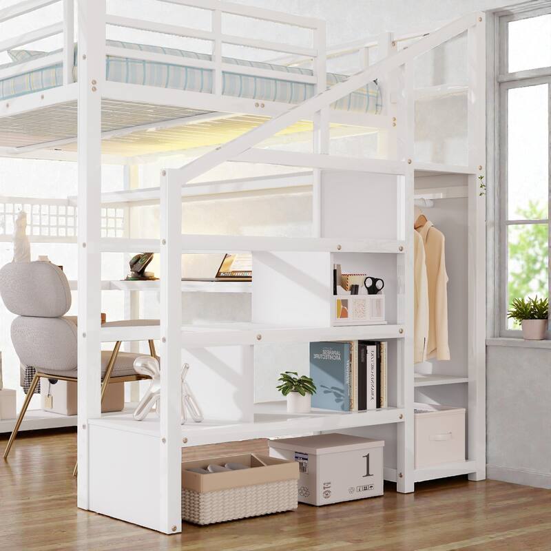 Full Size Metal Loft Bed with Staircase Storage, Wardrobe, L-Shaped Desk, Shelves, LED Lights and USB Charging Station