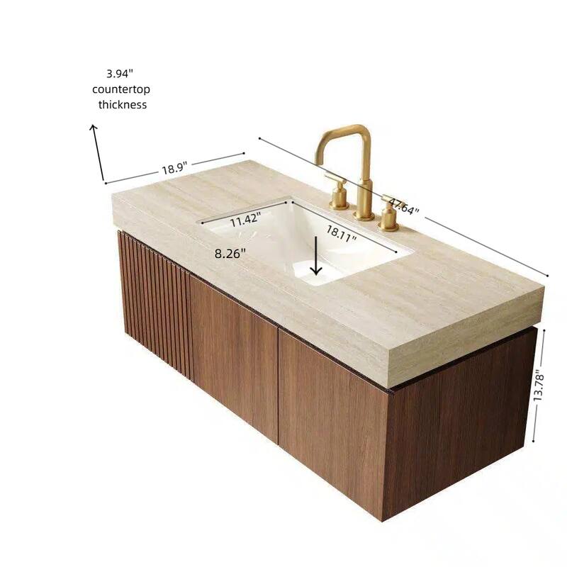 Floating Bathroom Vanity with Sintered Stone Top & Undermount Ceramic Basin with Three Pre-drilled Faucet Holes
