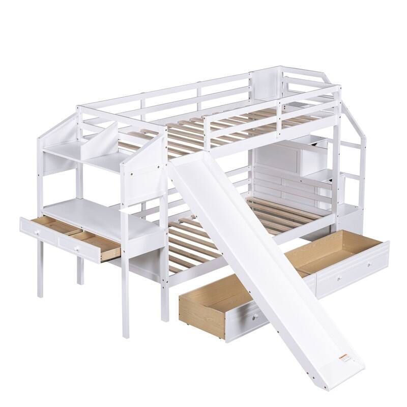 Twin over Twin Bunk Bed with Storage Staircase, Slide and Drawers, Desk with Drawers and Shelves