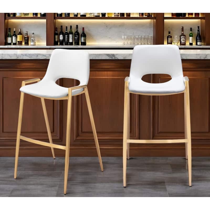 Set of Two 30" White And Gold Faux Leather And Steel Low Back Bar Height Bar Chairs - White