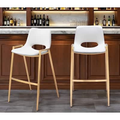 Set of Two 30" White And Gold Faux Leather And Steel Low Back Bar Height Bar Chairs