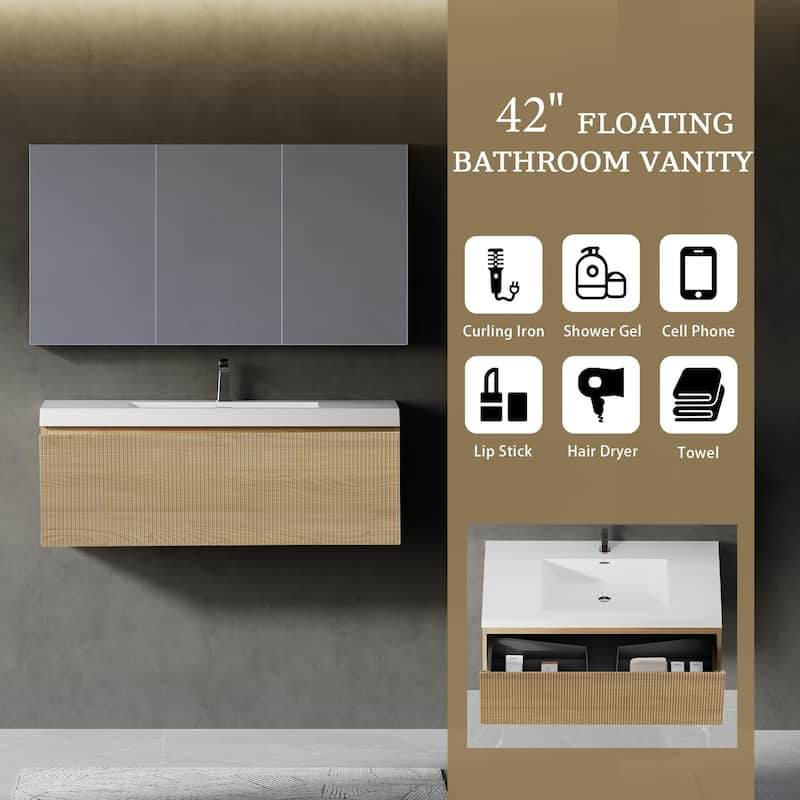 24"/30"/36"/42" Floating Bathroom Vanity Combo with Solid Surface Basin, Natural Oak Storage Cabinet, Modern Design