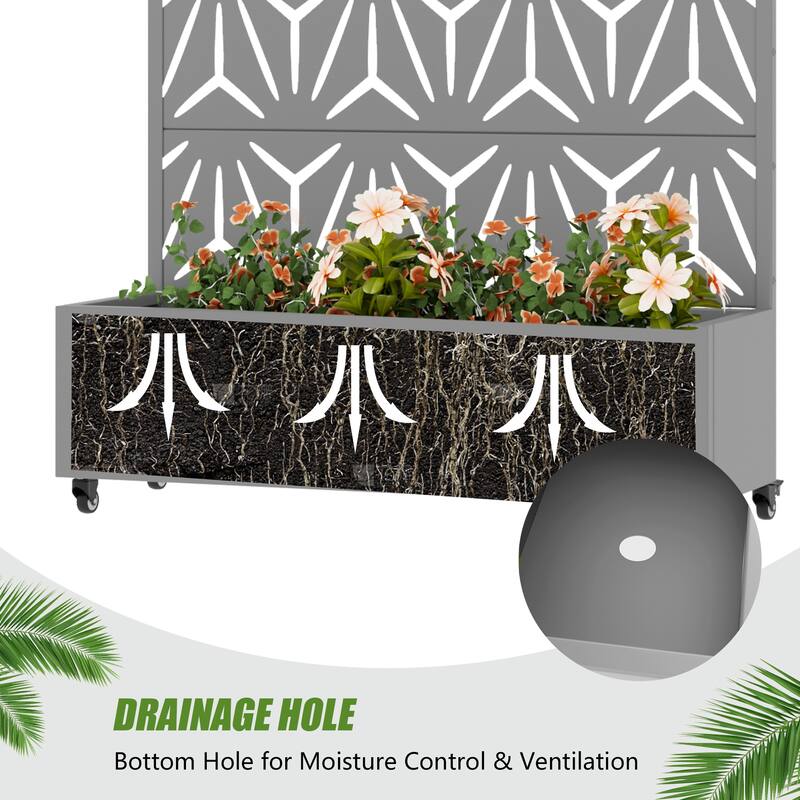 Metal Galvanized Planter Box with Trellis Privacy Screen Lockable Wheels