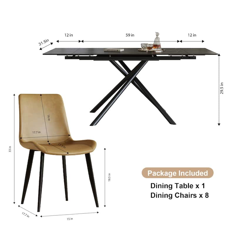 Black Extendable Dining Table Coffee Table with Cross-Legs, 8 Dining Chairs Coffee Chairs Dining Sets