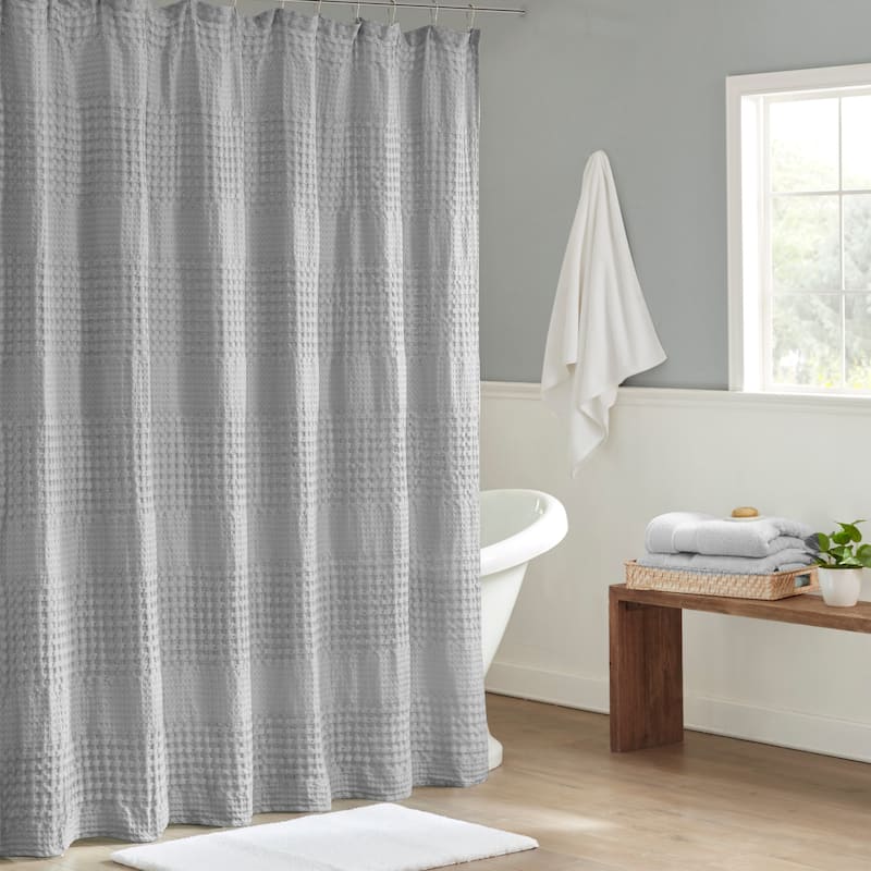 White 100 Cotton Waffle Patterned Shower Curtain