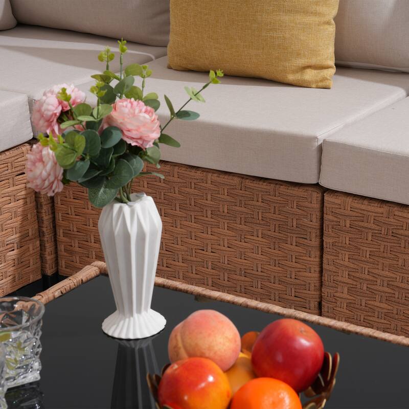 Outdoor L-Shaped Conversation Set Sectional Sofa 10-Piece Swivel Chair with Cushions Coffee Table PE Wicker Rattan