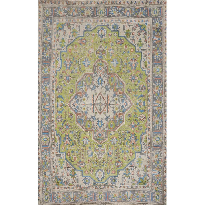 Hand Knotted Oriental 100% Wool Carpet Traditional Floral Green Tabriz Area Rug - 9' 5'' X 6' 8''