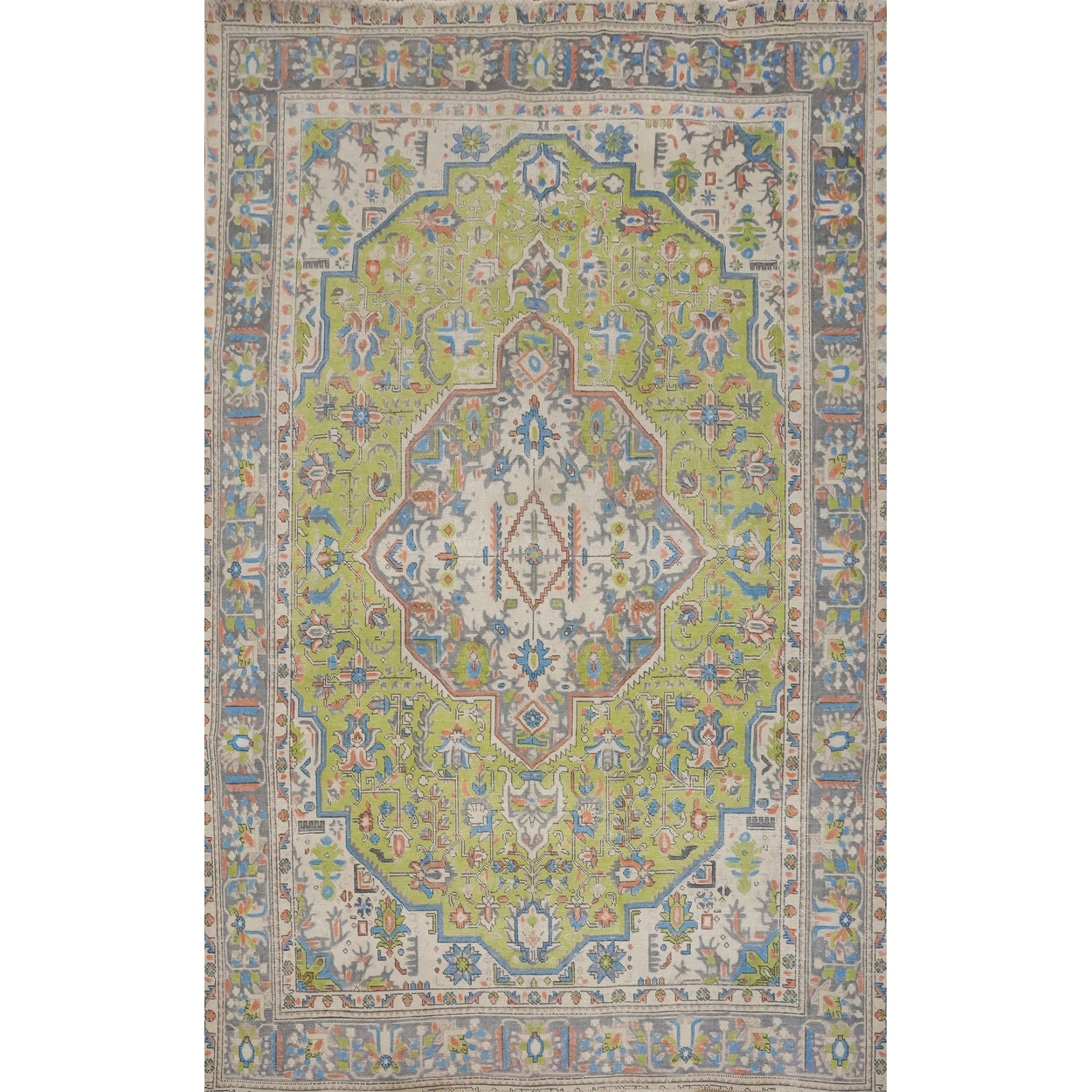 Hand Knotted Oriental 100% Wool Carpet Traditional Floral Green Tabriz Area Rug - 9' 5'' X 6' 8''