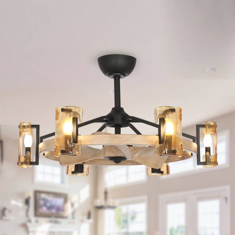 34 in. Indoor Wood Downrod Mount Chandelier Ceiling Fan with Light and Remote Control, Dimmable - Fan Blade Length (In.) 14 - Remote