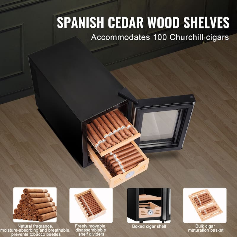 Electric Cigar Humidor Spanish Cedar Wood & Double Mirror Glass Cigar Humidor, Gift for Men