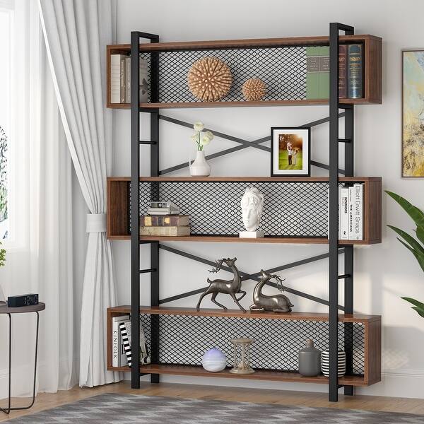 6Tier Industrial Bookcase, Large Wood and Metal Bookshelf Display