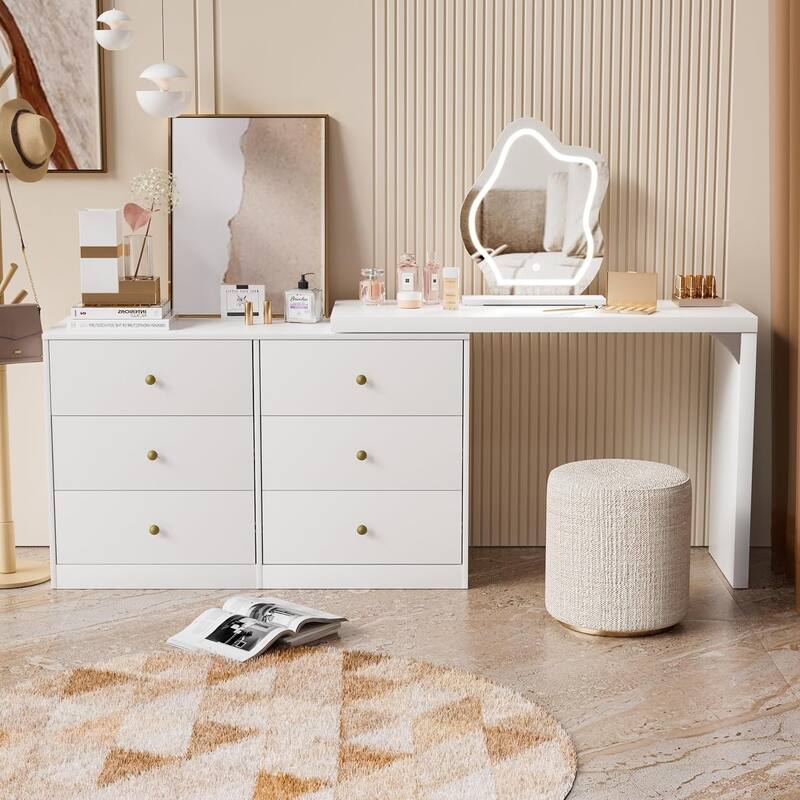 Vanity Desk with Lighted Mirror, Extendable Vanity Table with 6 Drawers