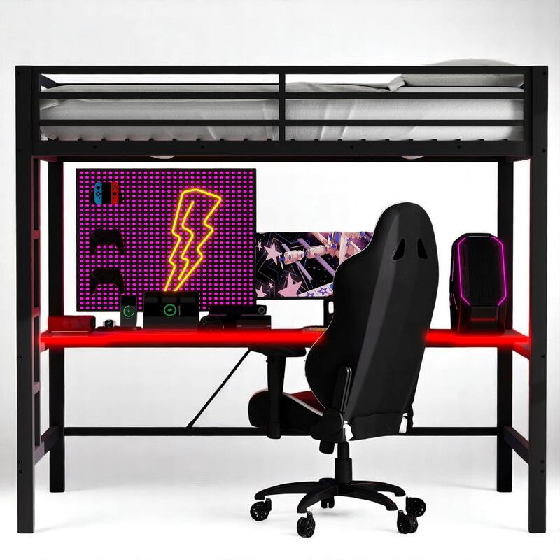 Twin/Full Size Gaming Metal Loft Bed with Desk, Remote LED Light & USB Charging Station - Space-Saving Frame