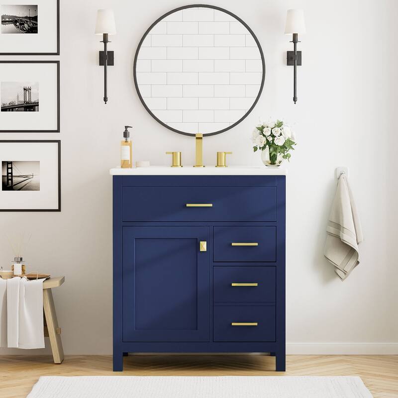 30 in. W x 18 in. D x 34 in. H Single Sink Freestanding Bath Vanity with White Ceramic Top - Blue