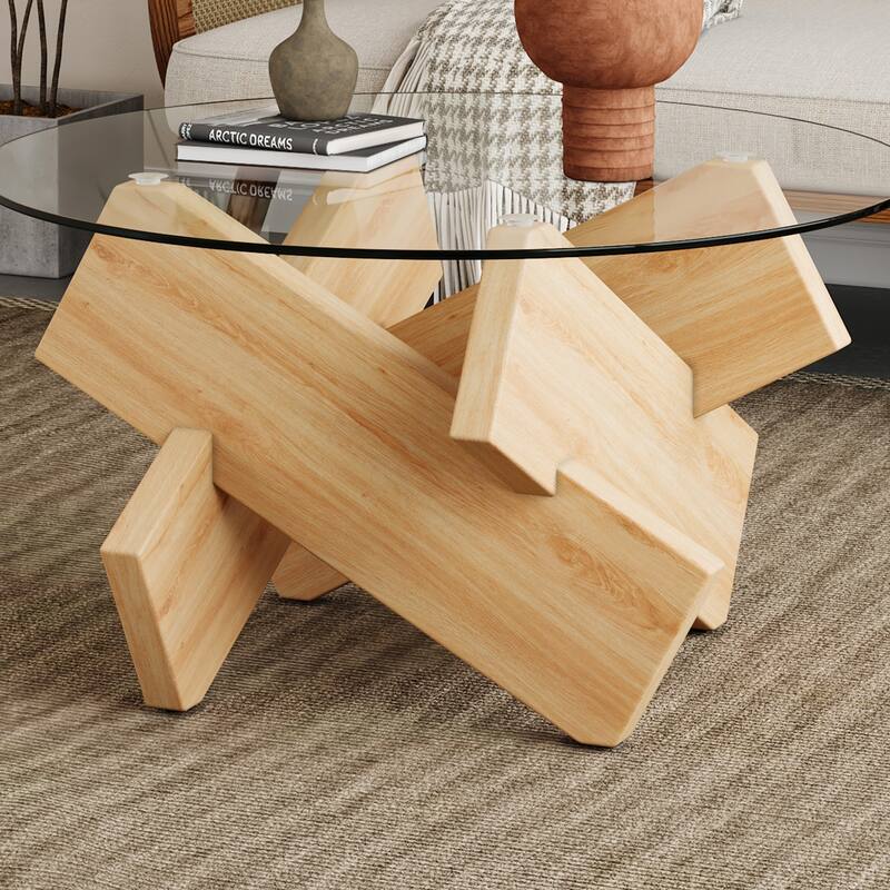33.4" Modern Round Coffee Table with Clear Tempered Glass Top and MDF Legs for Living Room