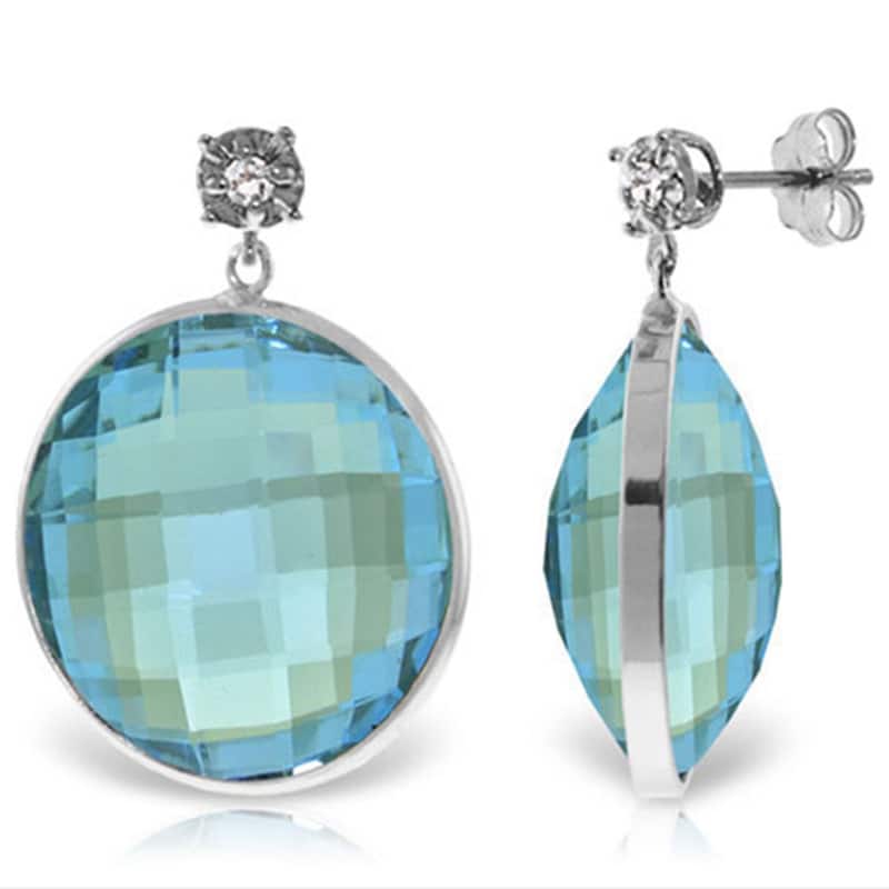 14K Solid Gold Diamonds Stud Earrings w/ Round Cut Round Blue Topaz - White