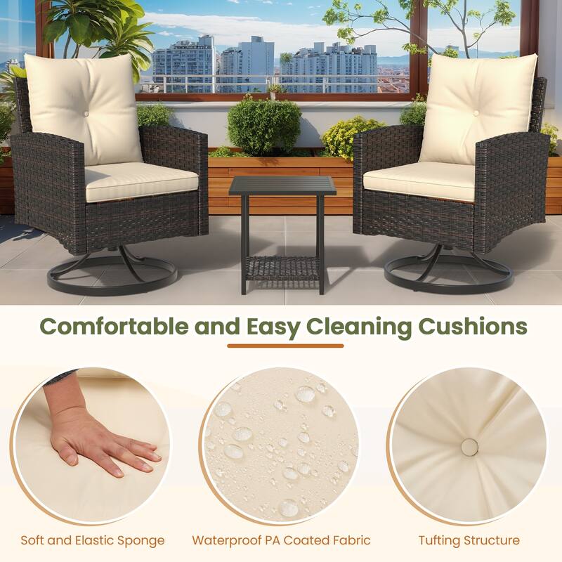 Outdoor Swivel Rocker Patio Chairs Set of 2 with Coffee Table &Cushions, Rattan Bistro Set for Porch, Backyard, Balcony