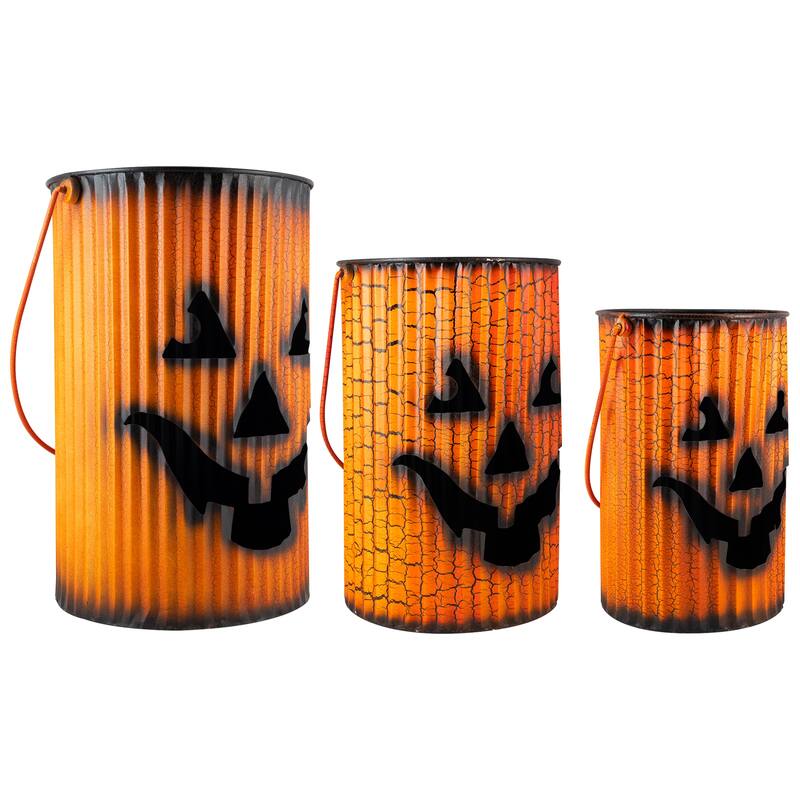 3 Piece Black Orange Metal Pumpkin Lantern Set Halloween Decoration