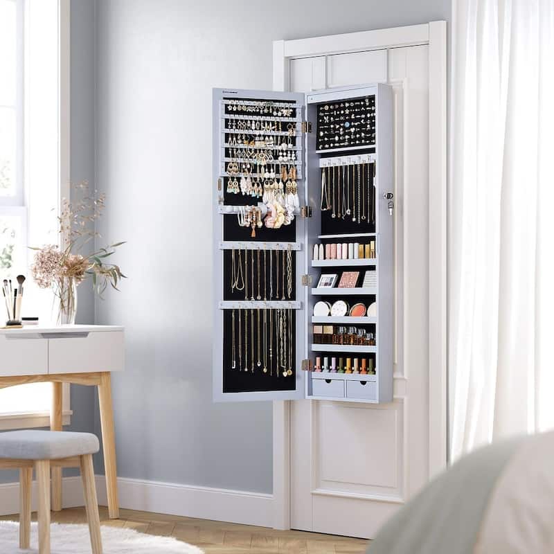 Grey Lockable Wall Door Mounted Jewelry Armoire with 6 LED Lights and Full-Length Mirror - 14.5"L x 3.9"W x 47.3"H