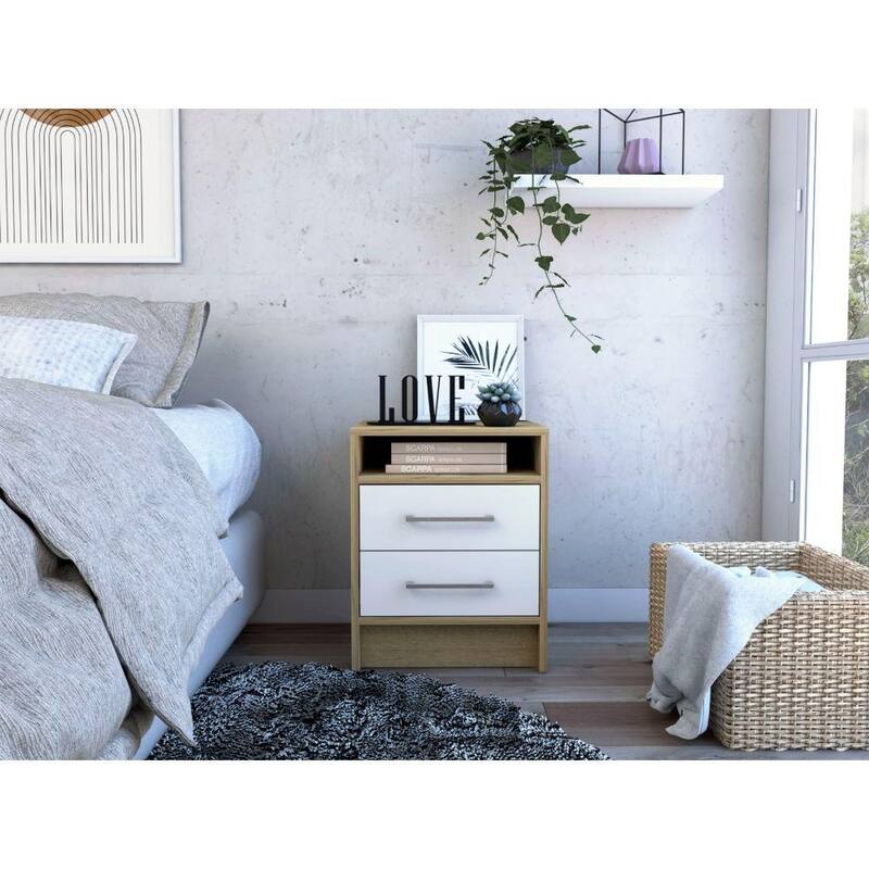20-Inch Nightstand with Two Drawers, Open Shelf, and Metal Handles, White - Multicolor