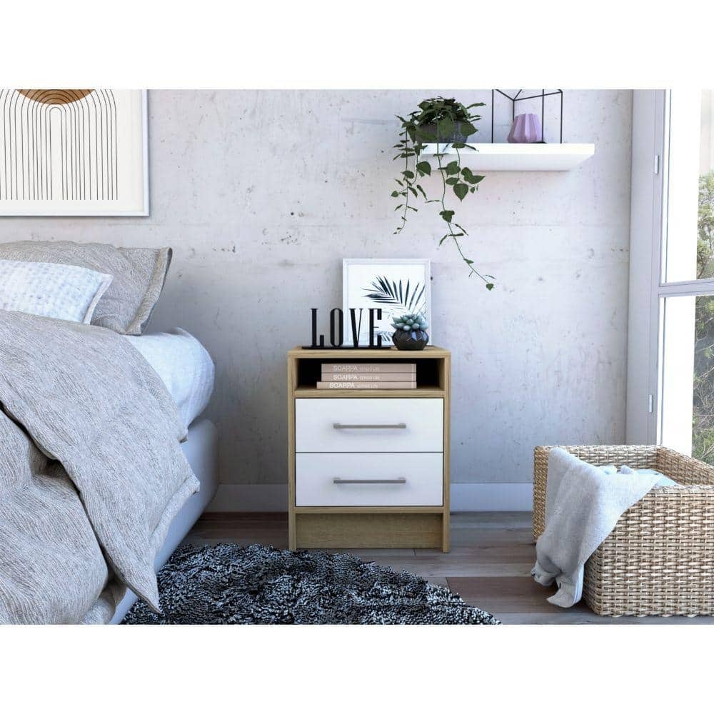 20-Inch Nightstand with Two Drawers, Open Shelf, and Metal Handles, White