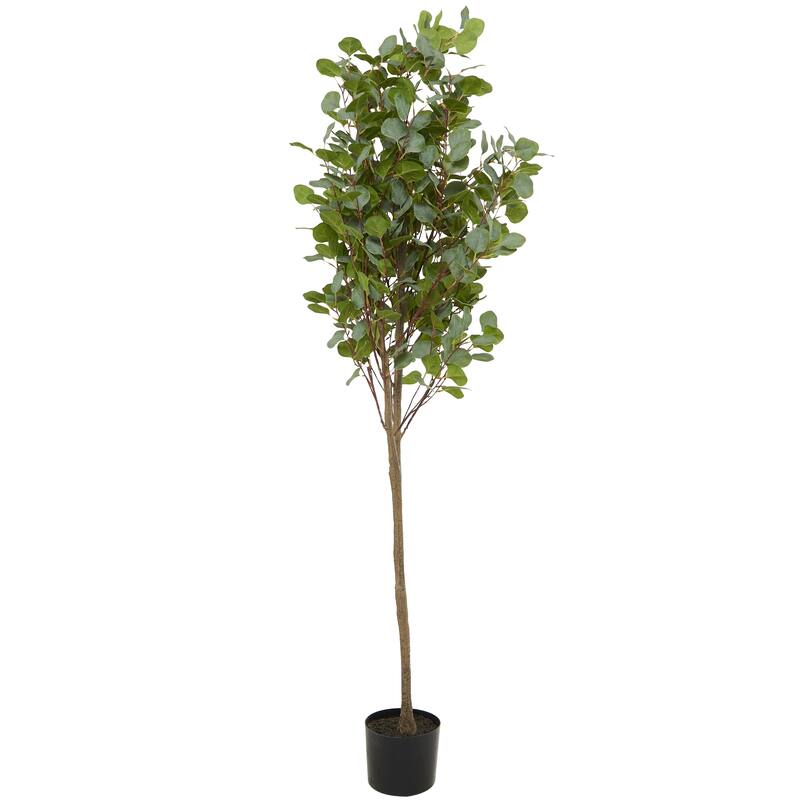 Green Faux Foliage Eucalyptus Artificial Tree with Realistic Leaves and Black Plastic Pot