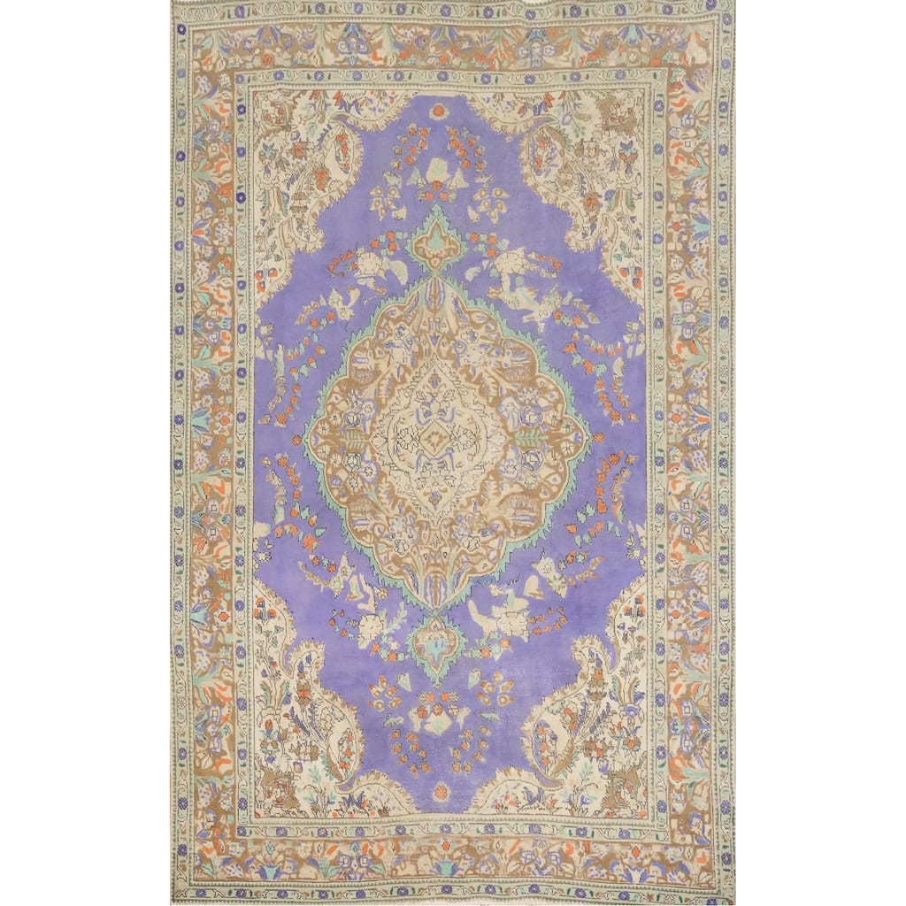 Hand Knotted Oriental 100% Wool Carpet Traditional Floral Purples Tabriz Area Rug - 9' 9'' X 6' 7''