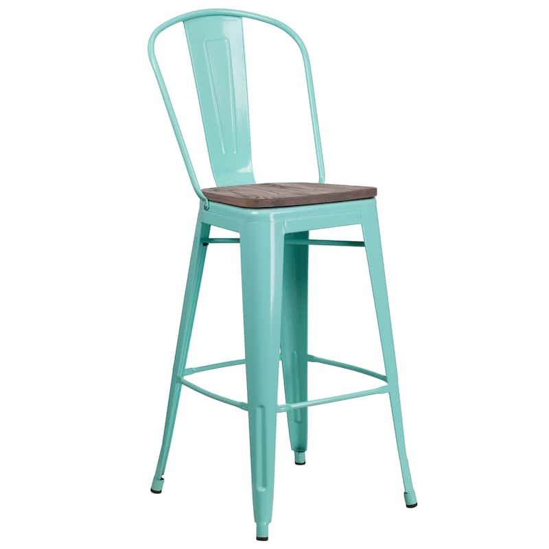 30" High Metal Barstool with Back and Wood Seat - 18"W x 19"D x 46"H - 18"W x 19"D x 46"H