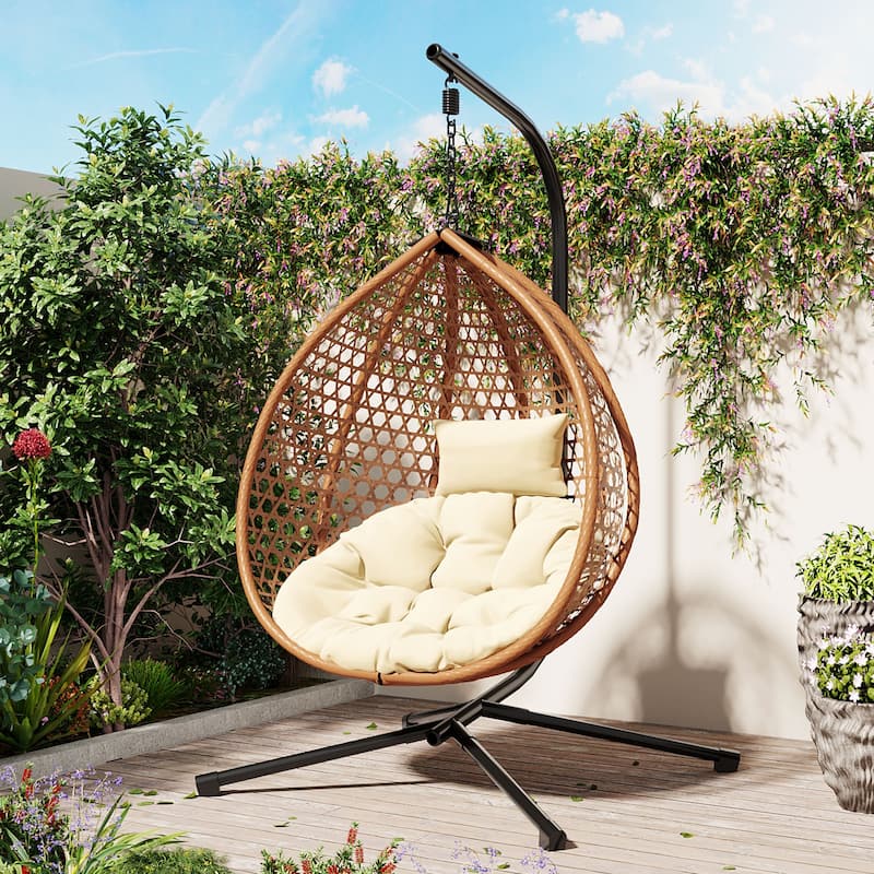 Hammock Chair with Stand - Durable Rattan Egg Chair, Indoor/Outdoor Swing with Removable Cushion for Balcony, Garden