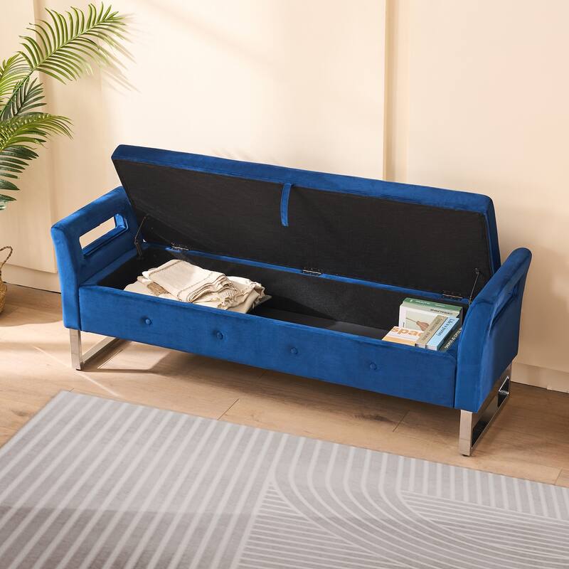 Roomfitters Velvet Storage Bench, Upholstered Entryway and Bedroom Bench with Armrests and Metal Legs