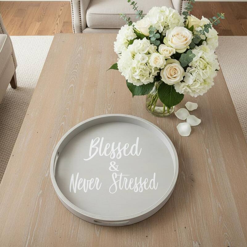 HomeRoots 14" Gray And White Blessed and Never Stressed Round Serving Tray With Handles - 13.75 in. x 1.65 in. x 13.75 in. - White/Gray - 13.75 in. x 1.65 in. x 13.75 in.
