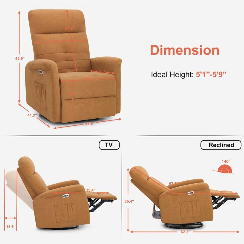 MCombo Modern Fabric Power Recliner, Electric Swivel Glider Rocker Recliner Chair for Nursery with USB Ports, Side Pockets 7763