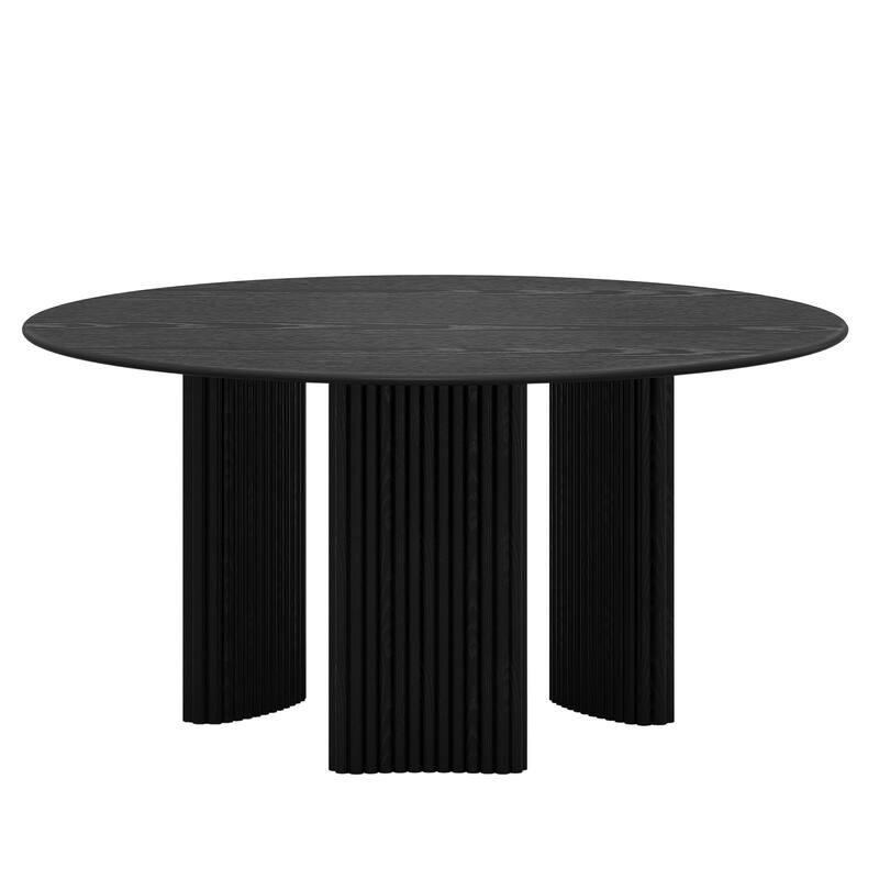 Modern Round Dining Table with Striped Column Legs Solid Wood Kitchen Table Anti-Scratch Footpads