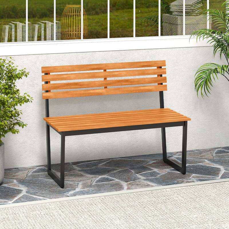 Gymax Outdoor Bench Acacia Wood Patio Loveseat w/ Backrest & Heavy