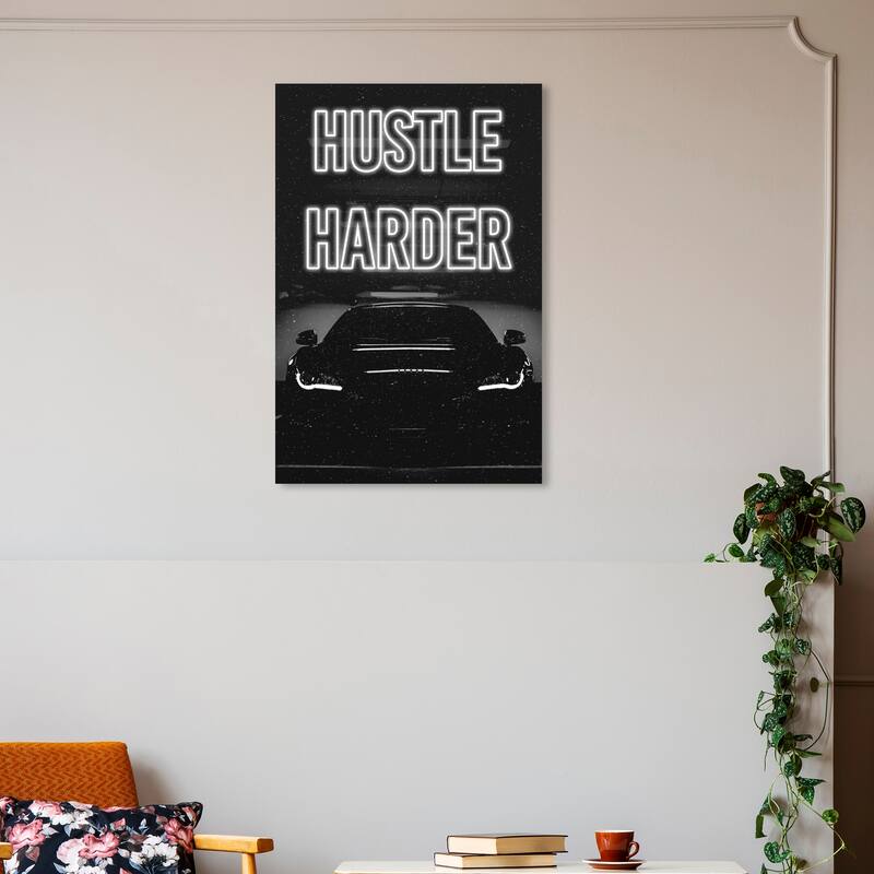 Wynwood Studio Canvas Typography and Quotes Hustle Harder Night Car Black and Modern & Contemporary Wall Art Canvas Print - 30 x 20