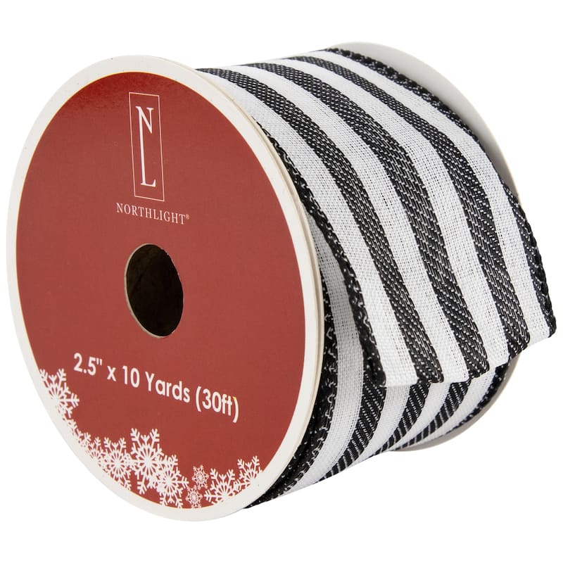 Striped Wired Craft Ribbon - 2.5" x 10 Yards - Black and White - 2.5" x 10 Yards