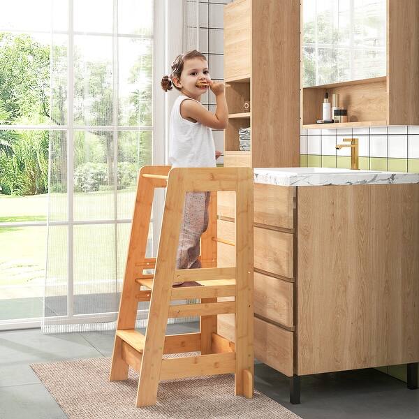 slide 2 of 11, Bamboo Toddlers Kitchen Step Stool with Height Adjustable Platform - 21"L x 19.5"W x 36"H Natural